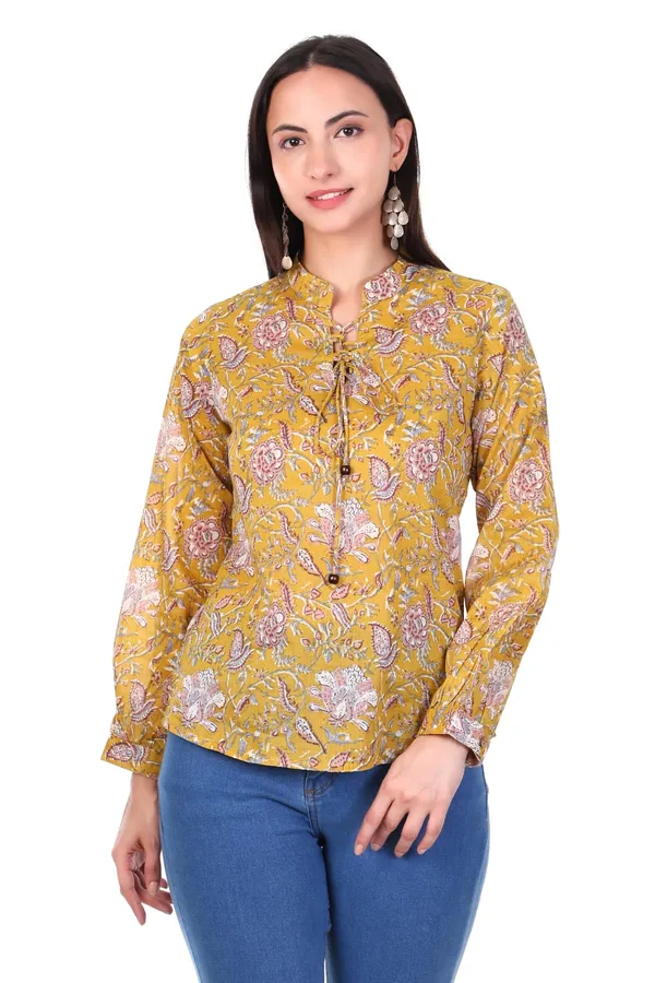 Cotton_Mustard_Yellow_Floral_Print_Long_Sleeve_Women_Top_With_Tie_Knot_Detailing