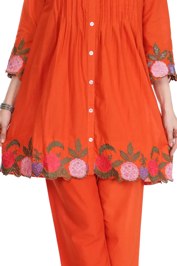 Orange_Pintuck_Floral_Scallop_Embroidery_Kurta_with_Pants_Set_for_Women