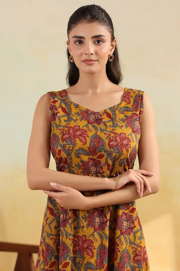 Mustard_Yellow_Floral_Print_Sleeveless_Cotton_Midi_Dress_With_Front_Slit_And_Smocked_Back