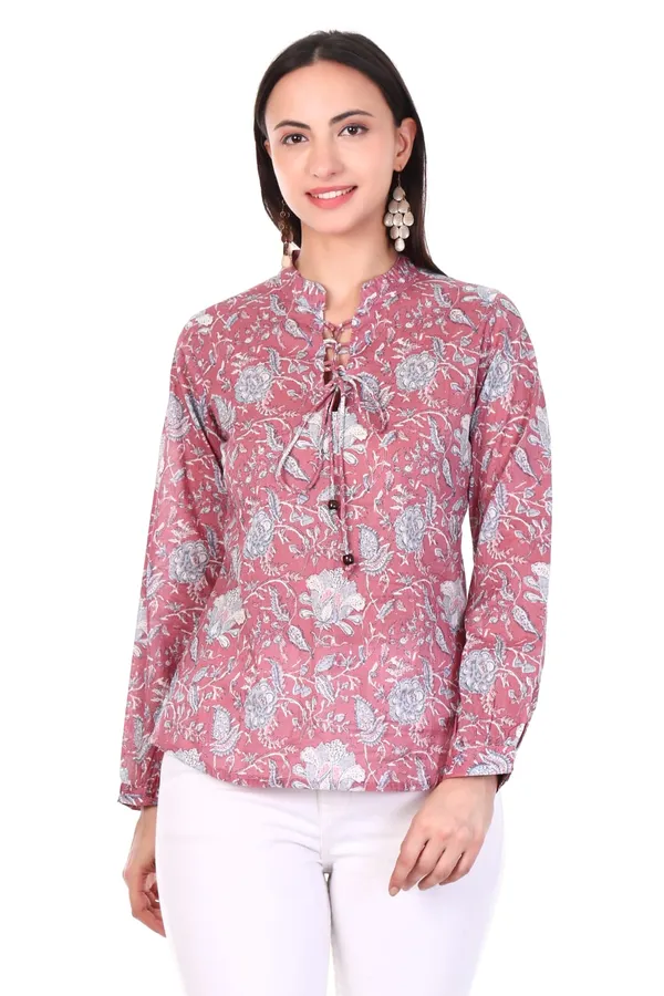 Cotton_Pink_Floral_Print_Long_Sleeve_Women_Top_With_Tie_Knot_Detailing