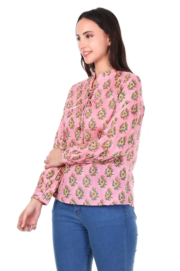 Cotton_Hand_Block_Printed_3/4_Sleeves_Tunic_With_Tie_Knot_Detailing