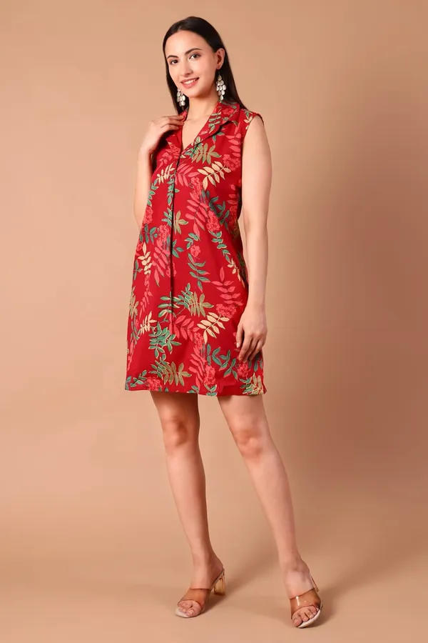 Red_Leaf_Cotton_Printed_Sleeveless_Collared_A-Line_Dress_With_Pockets