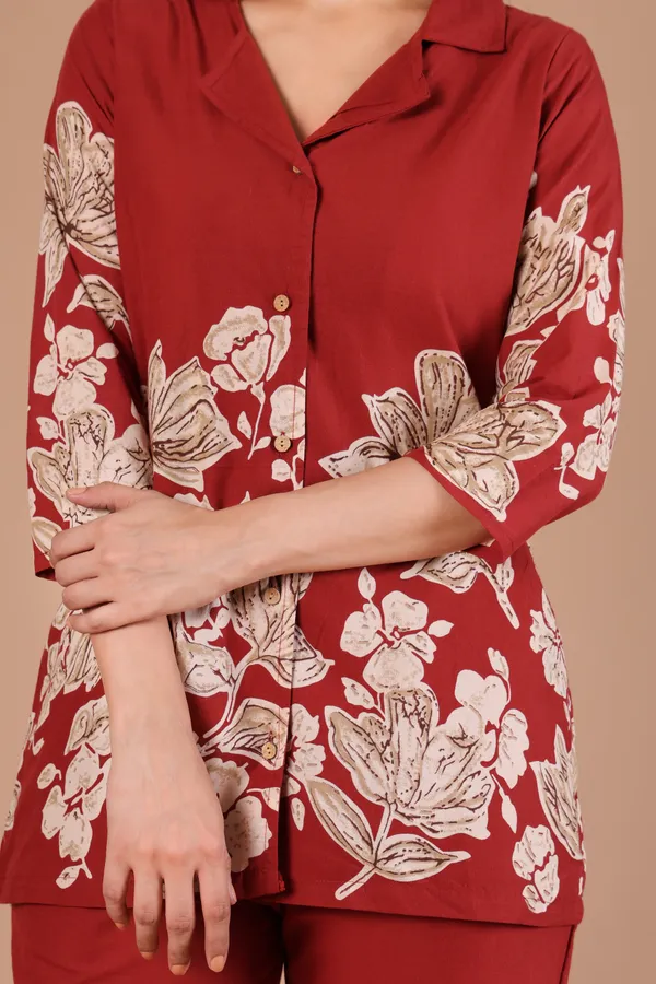 Rust_Floral_Print_Collared_Co-ord_Set_for_Women_with_Wooden_Buttons