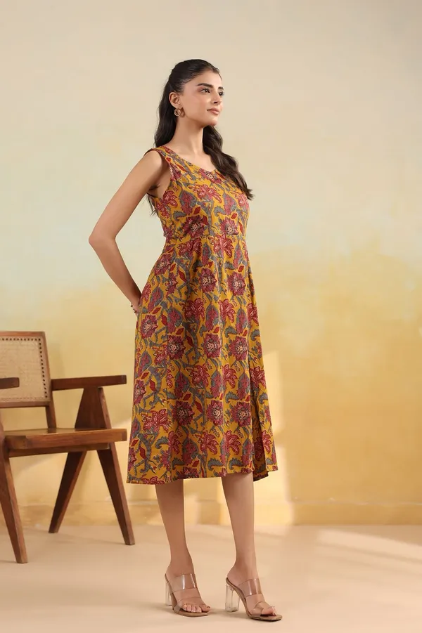 Mustard_Yellow_Floral_Print_Sleeveless_Cotton_Midi_Dress_With_Front_Slit_And_Smocked_Back