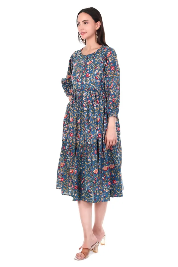 Blue_Cotton_Hand_Block_Printed_Midi_Dress_With_Long_Sleeves_With_Slip_Lining
