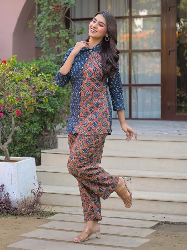 Women_Blue_Ajrakh_Print_Cotton_Co-Ord_Set_-_Shirt_And_Pants_Set
