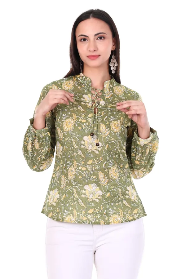 Cotton_Green_Floral_Print_Long_Sleeve_Women_Top_With_Tie_Knot_Detailing