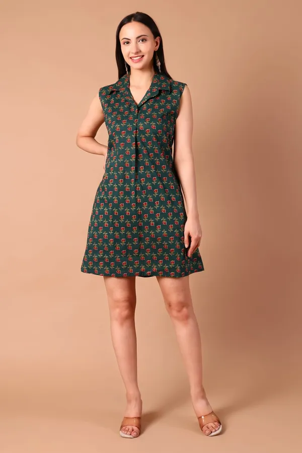 Green_Floral_Cotton_Printed_Sleeveless_Collared_A-Line_Dress_With_Pockets