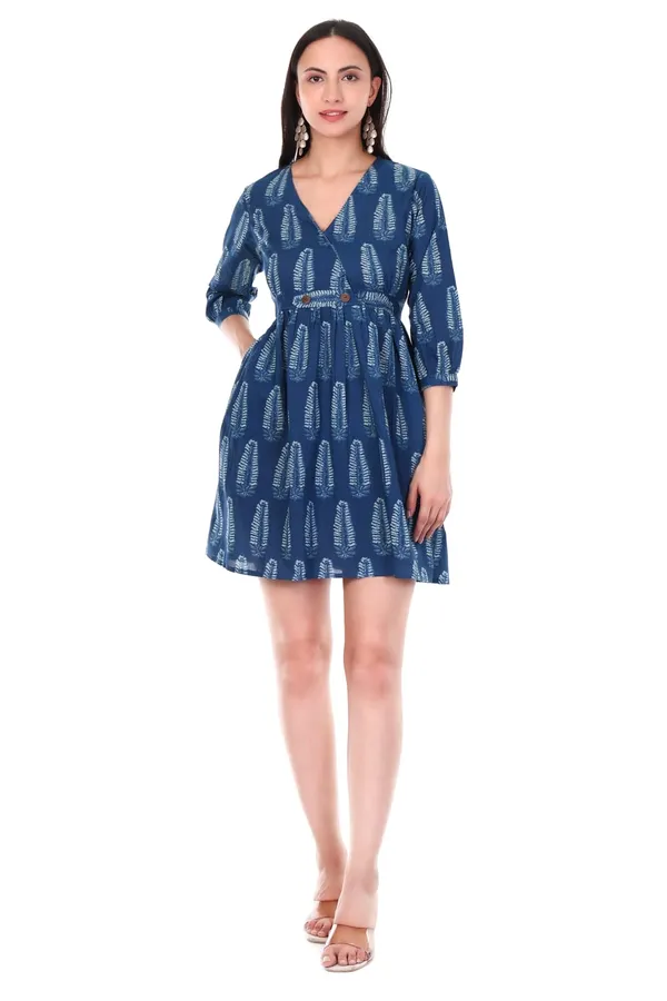 Indigo_Blue_Cotton_Hand_Block_Printed_Dress_With_Button_Detail