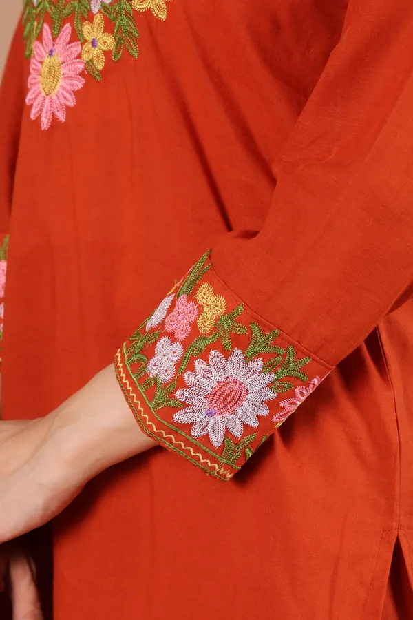 Rust_Cotton_Floral_Embroidered_Kurta_Pant_Set_for_Women