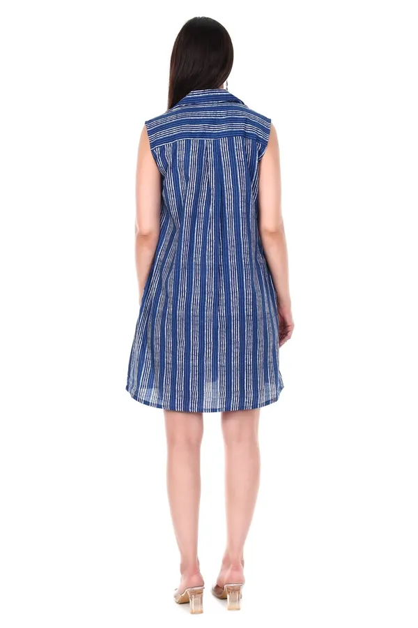 Blue_Striped_Cotton_Printed_Sleeveless_Collared_A-Line_Dress_With_Pockets