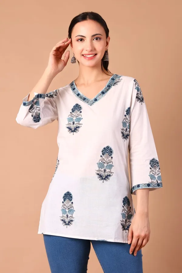 Cotton_Hand_Block_Printed_V_Neck_Tunic_With_3/4_Sleeves