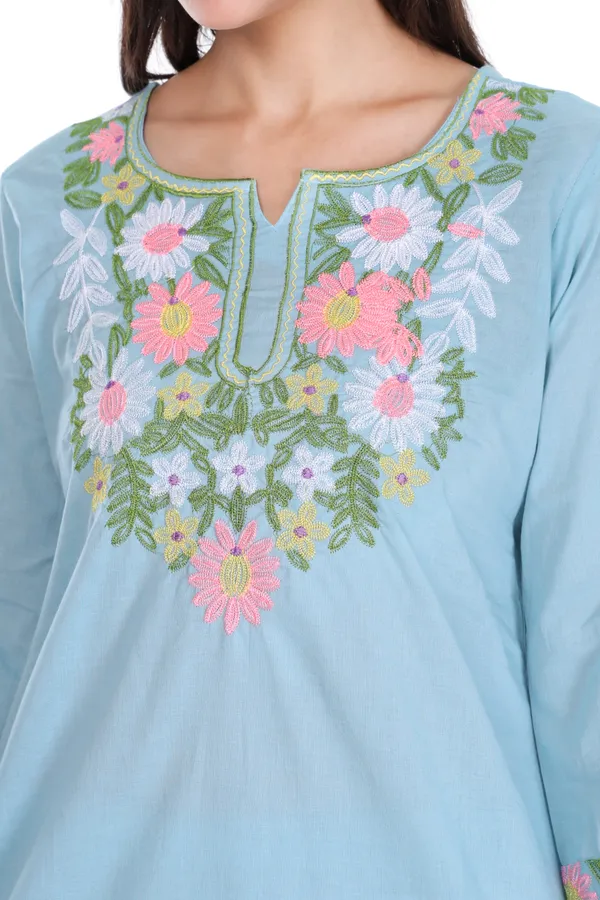 Blue_Cotton_Floral_Embroidery_Kurta_Pant_Set_for_Women