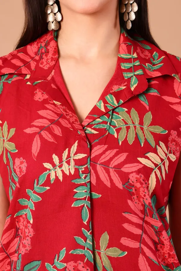 Red_Leaf_Cotton_Printed_Sleeveless_Collared_A-Line_Dress_With_Pockets