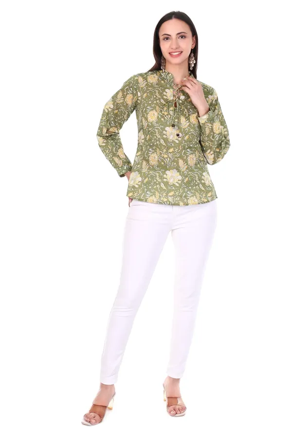 Cotton_Green_Floral_Print_Long_Sleeve_Women_Top_With_Tie_Knot_Detailing