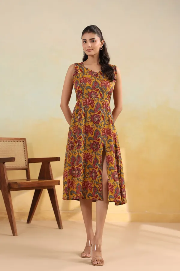 Mustard_Yellow_Floral_Print_Sleeveless_Cotton_Midi_Dress_With_Front_Slit_And_Smocked_Back