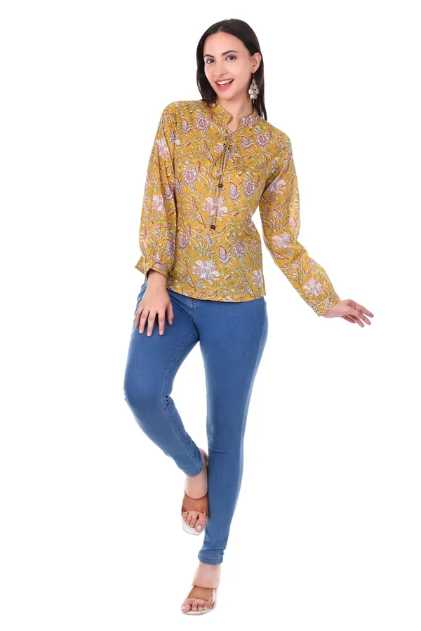 Cotton_Mustard_Yellow_Floral_Print_Long_Sleeve_Women_Top_With_Tie_Knot_Detailing