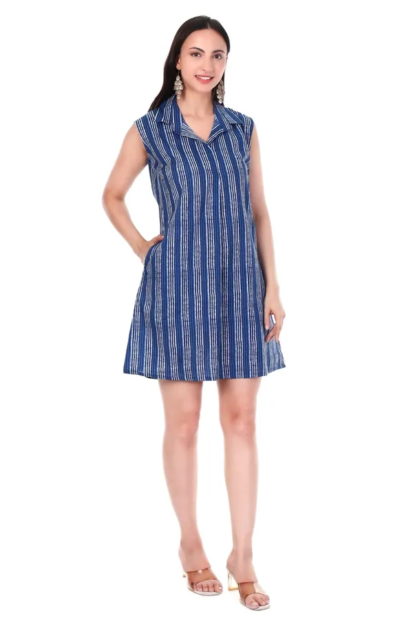 Blue_Striped_Cotton_Printed_Sleeveless_Collared_A-Line_Dress_With_Pockets