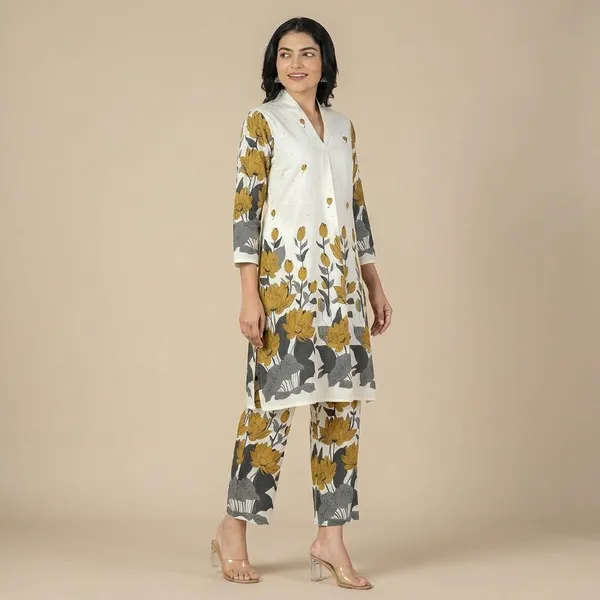 White_Floral_Printed_Cotton_Flex_Co_Ord_Set_With_Stone_Work_-_Kurta_And_Pants