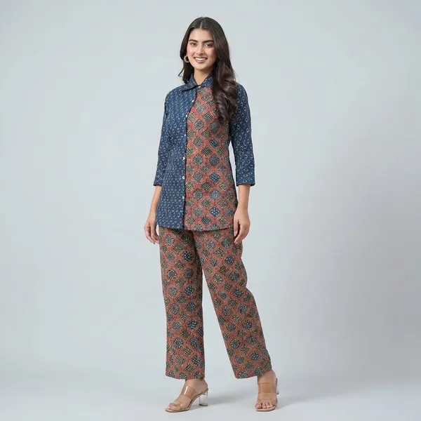 Women_Blue_Ajrakh_Print_Cotton_Co-Ord_Set_-_Shirt_And_Pants_Set