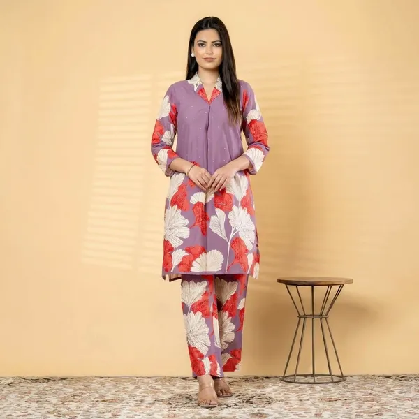Purple_Floral_Print_Cotton_Co-Ord_Set_With_Stone_Work_-_Kurta_And_Pants