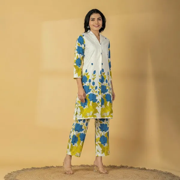 White_Floral_Printed_Cotton_Flex_Co_Ord_Set_With_Stone_Work_-_Kurta_And_Pants