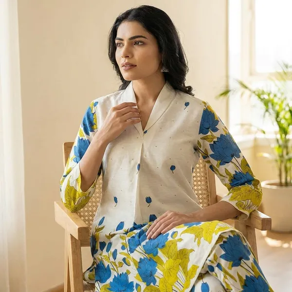 White_Floral_Printed_Cotton_Flex_Co_Ord_Set_With_Stone_Work_-_Kurta_And_Pants