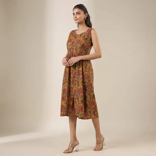 Mustard_Yellow_Floral_Print_Sleeveless_Cotton_Midi_Dress_With_Front_Slit_And_Smocked_Back