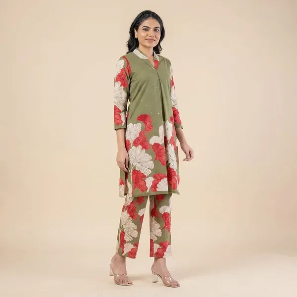 Olive_Green_Floral_Print_Cotton_Co-Ord_Set_With_Stone_Work-_Kurta_And_Pants