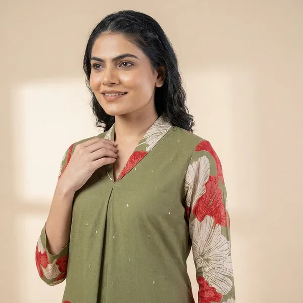 Olive_Green_Floral_Print_Cotton_Co-Ord_Set_With_Stone_Work-_Kurta_And_Pants