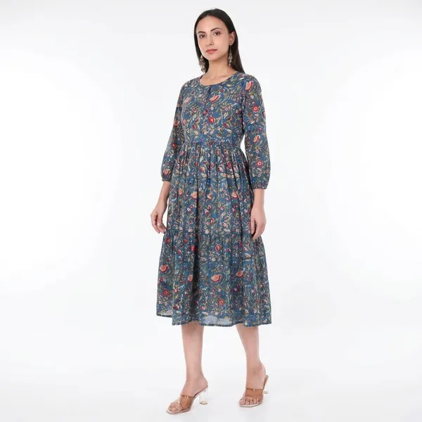 Blue_Cotton_Hand_Block_Printed_Midi_Dress_With_Long_Sleeves_With_Slip_Lining