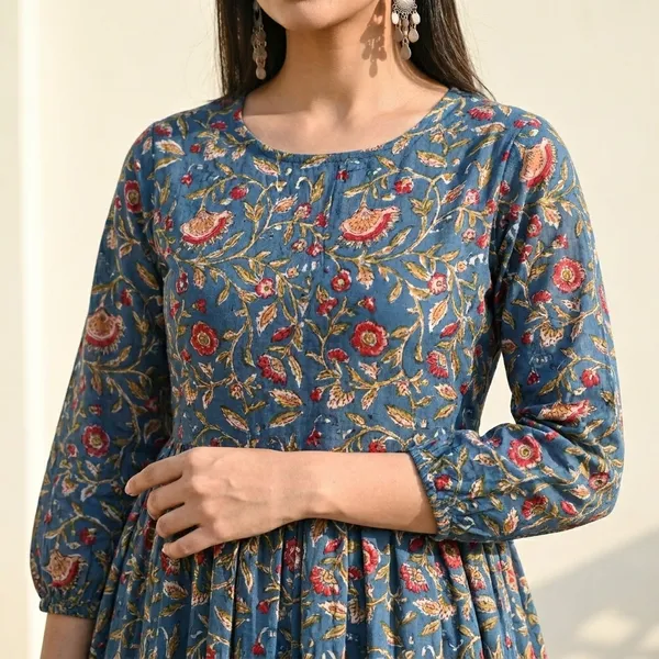 Blue_Cotton_Hand_Block_Printed_Midi_Dress_With_Long_Sleeves_With_Slip_Lining