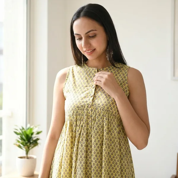 Cotton_Yellow_Booti_Print_Sleeveless_Fit_And_Flare_Dress_With_Wooden_Buttons