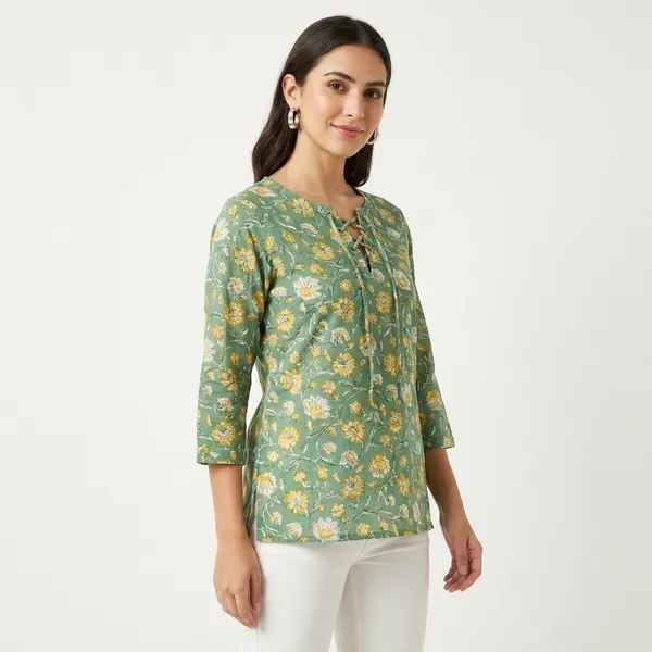 Cotton_Green_Floral_Print_Long_Sleeve_Women_Top_With_Tie_Knot_Detailing