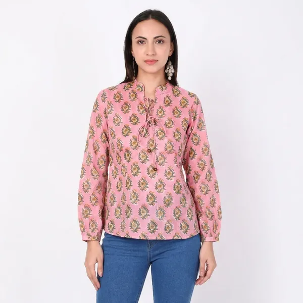 Cotton_Hand_Block_Printed_3/4_Sleeves_Tunic_With_Tie_Knot_Detailing
