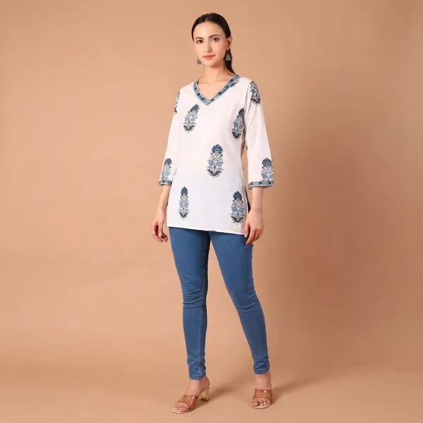 Cotton_Hand_Block_Printed_V_Neck_Tunic_With_3/4_Sleeves