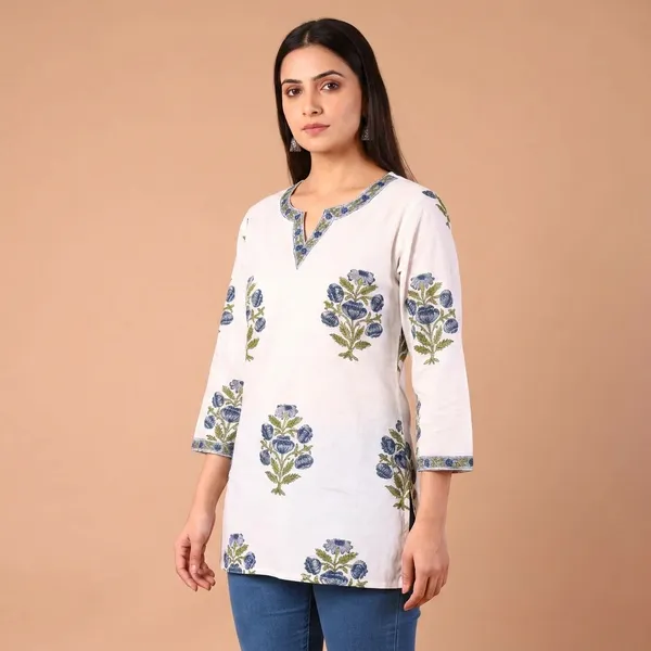 Cotton_Hand_Block_Printed_V_Neck_Tunic_With_3/4_Sleeves