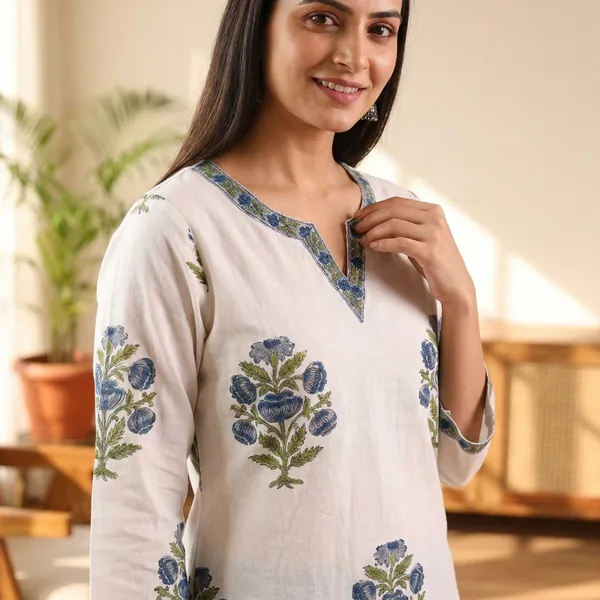 Cotton_Hand_Block_Printed_V_Neck_Tunic_With_3/4_Sleeves