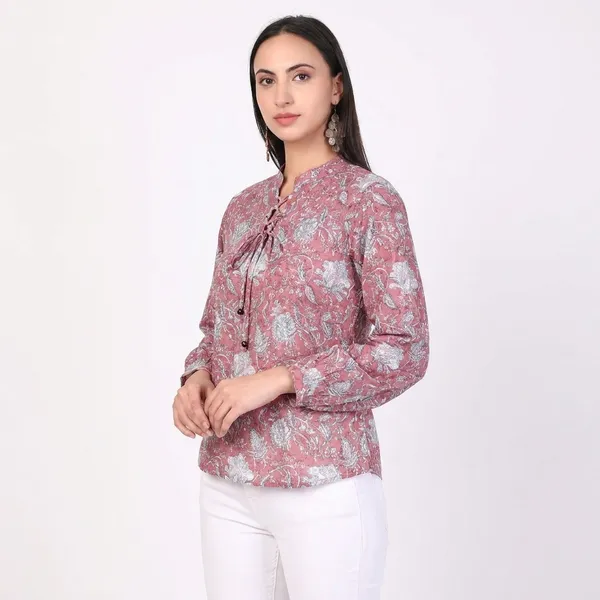 Cotton_Pink_Floral_Print_Long_Sleeve_Women_Top_With_Tie_Knot_Detailing