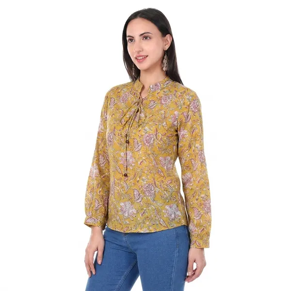 Cotton_Mustard_Yellow_Floral_Print_Long_Sleeve_Women_Top_With_Tie_Knot_Detailing