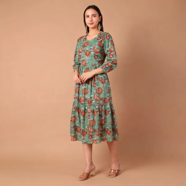 Green_Cotton_Hand_Block_Printed_Midi_Dress_With_Long_Sleeves_With_Slip_Lining