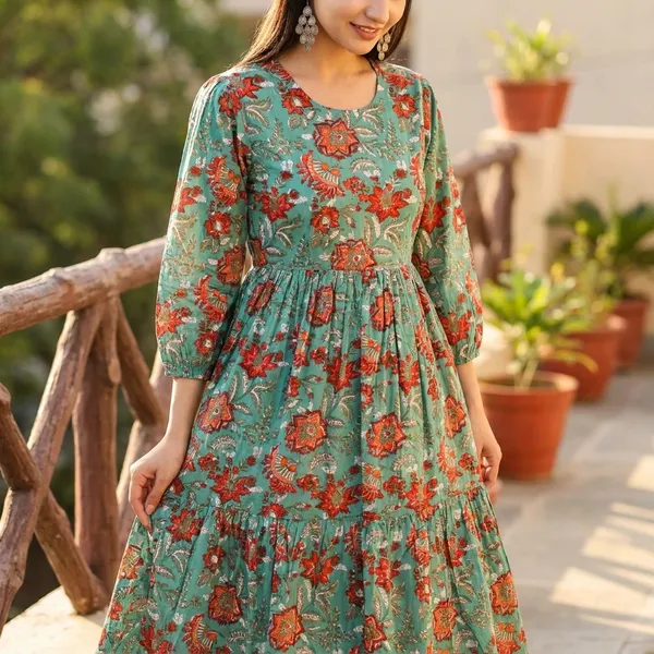 Green_Cotton_Hand_Block_Printed_Midi_Dress_With_Long_Sleeves_With_Slip_Lining