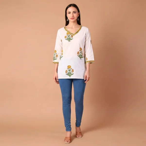 Cotton_Hand_Block_Printed_V_Neck_Tunic_With_3/4_Sleeves