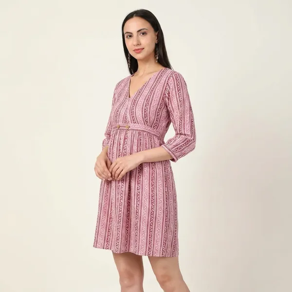 Pink_Striped_V-Neck_Cotton_Printed_Dress_With_Button_Detail