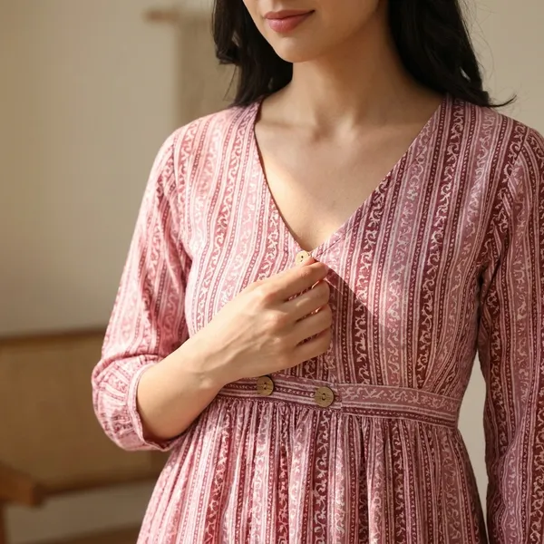 Pink_Striped_V-Neck_Cotton_Printed_Dress_With_Button_Detail