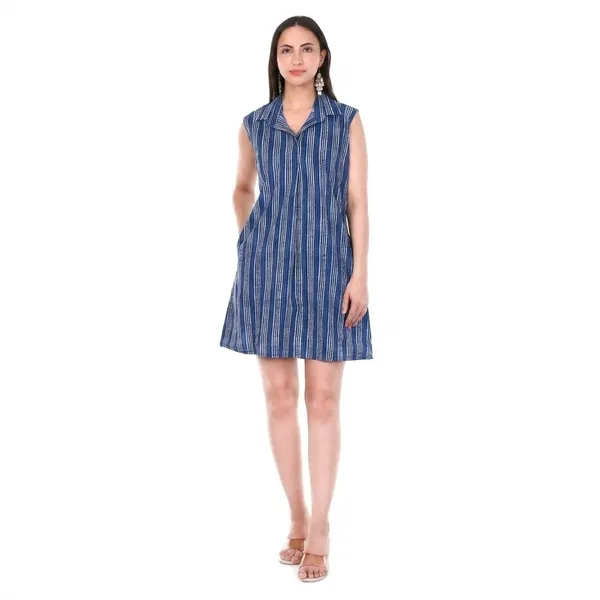 Blue_Striped_Cotton_Printed_Sleeveless_Collared_A-Line_Dress_With_Pockets