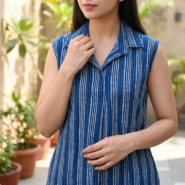 Blue_Striped_Cotton_Printed_Sleeveless_Collared_A-Line_Dress_With_Pockets