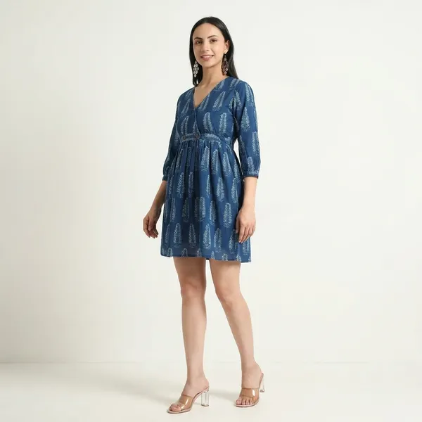 Indigo_Blue_Cotton_Hand_Block_Printed_Dress_With_Button_Detail