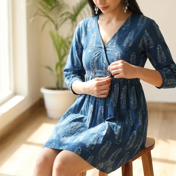 Indigo_Blue_Cotton_Hand_Block_Printed_Dress_With_Button_Detail