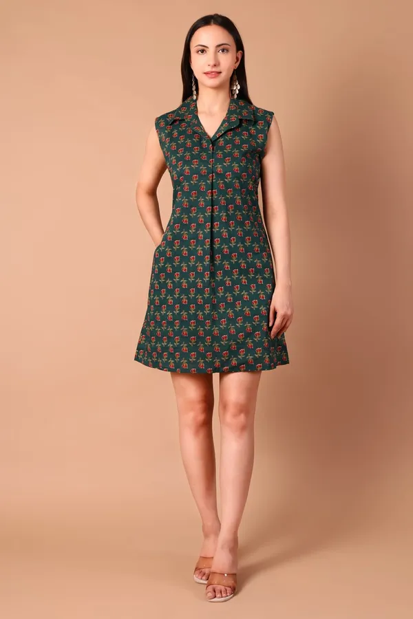 Green_Floral_Cotton_Printed_Sleeveless_Collared_A-Line_Dress_With_Pockets